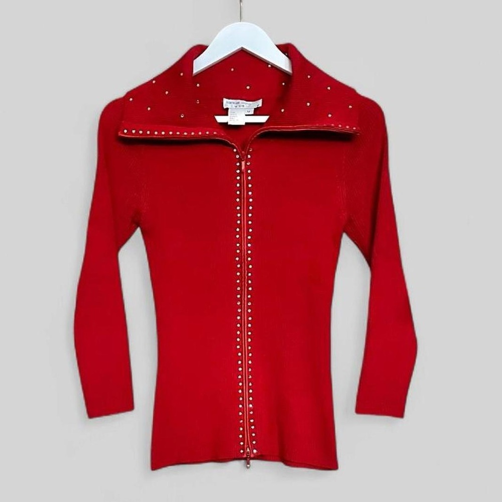 SILK AND DIAMONDS SAMUEL DONG Diamond Studded Front Zip 3/4 Silk Blend Cardigan